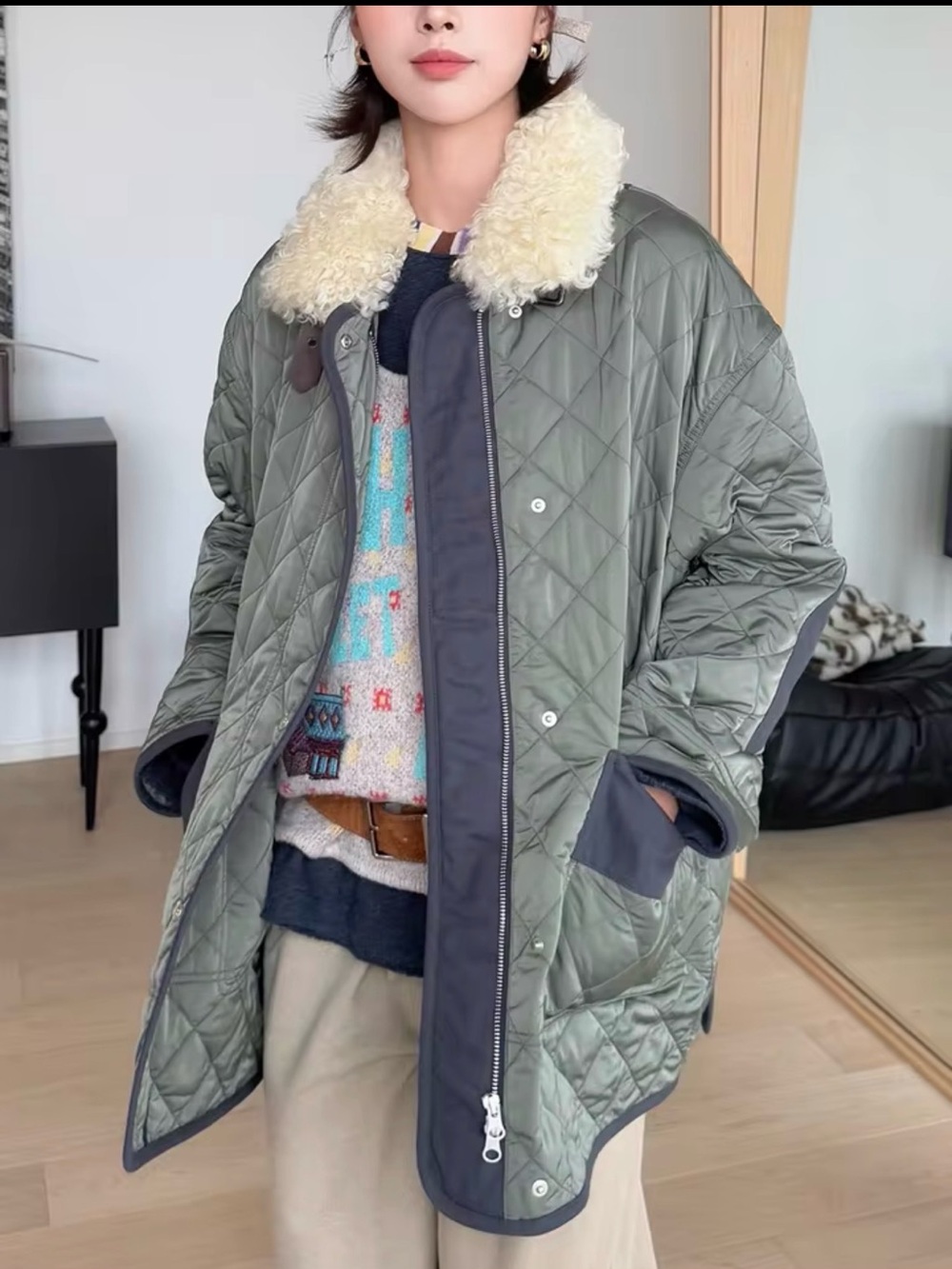 Quilted Olive Green Coat with Cream Shearling Collar